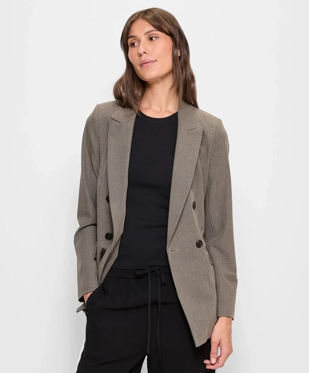 woman wearing checkered blazer from Target 