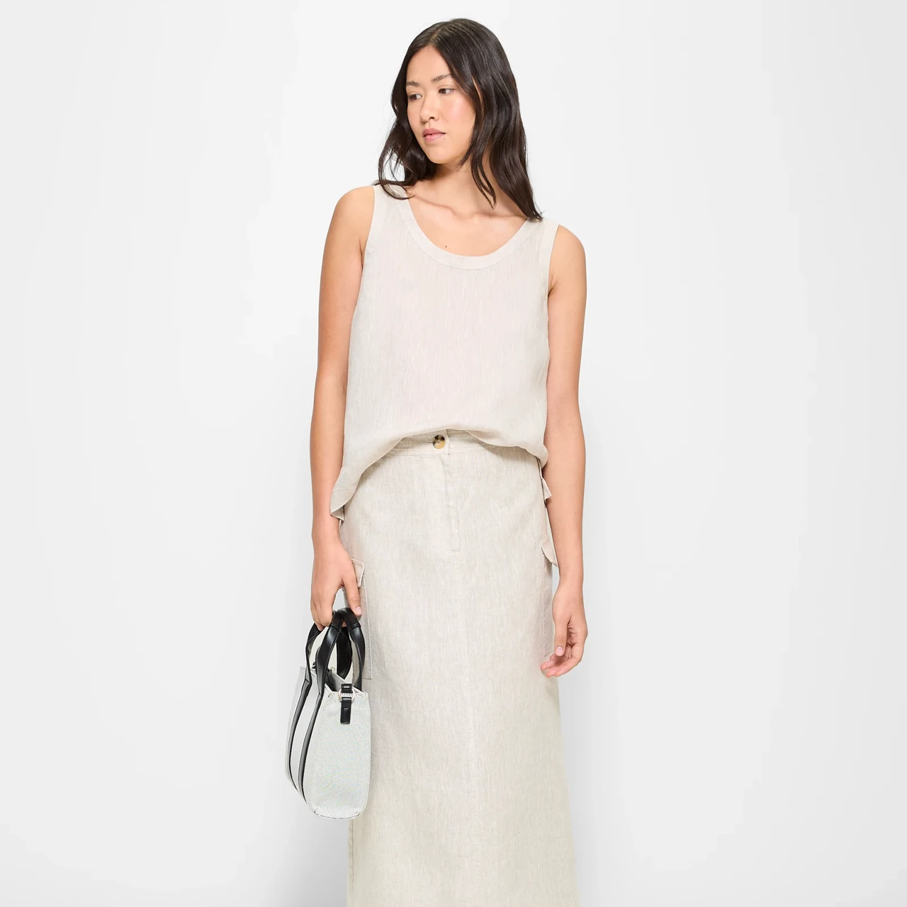 woman wearing a linen tank from Target 