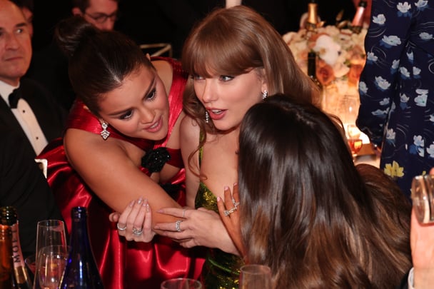 Golden Globes gossip moment with Selena Gomez, Taylor Swift and Keleigh Sperry. 