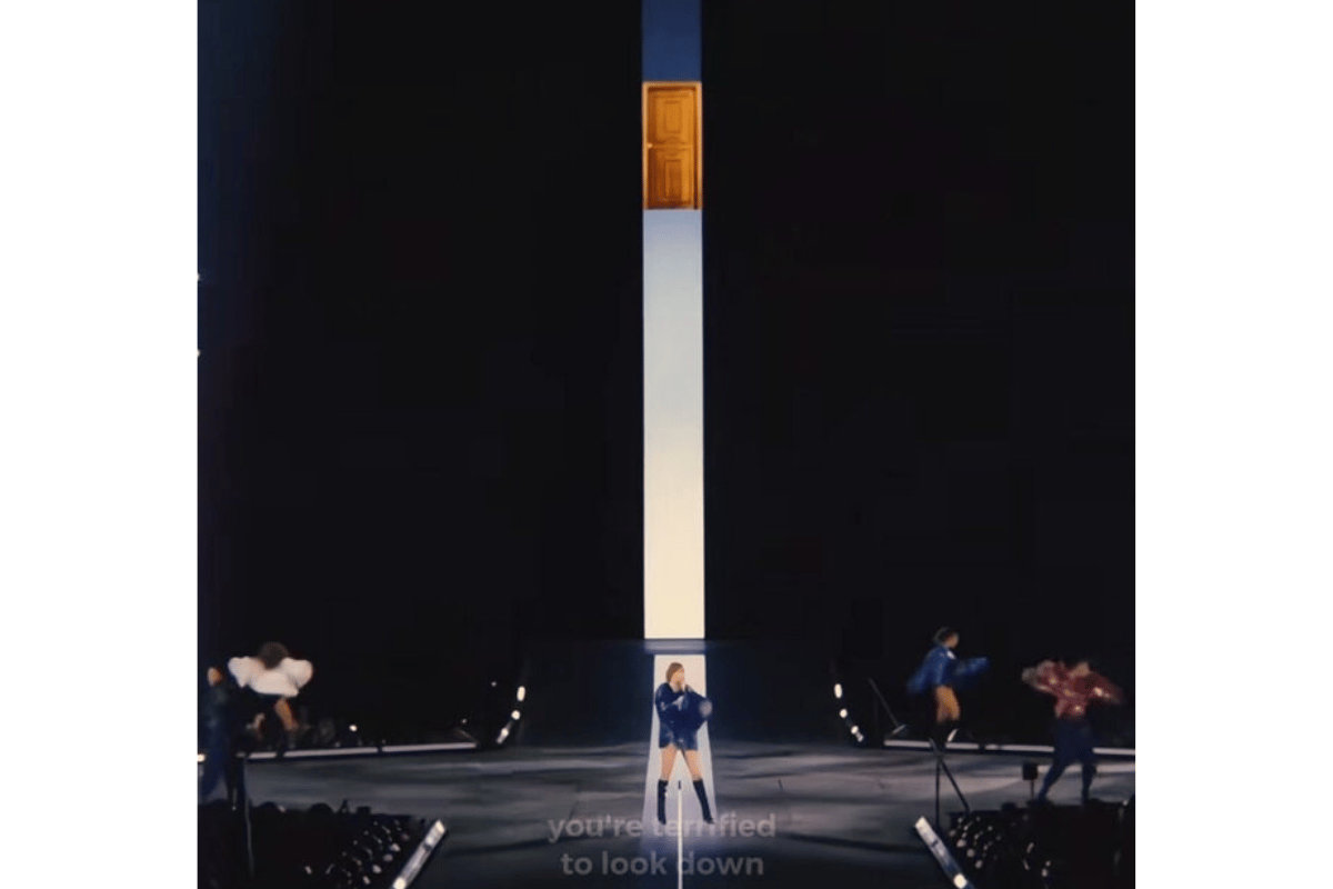 The orange door coming down during the 'Karma' Eras Tour performance.