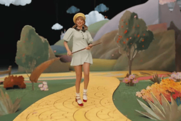 Taylor Swift on the 'yellow brick road' from the Wizard of Oz in her Karma music video clip.