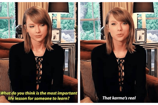 Taylor Swift in the '73 Questions' video for Vogue saying 'Karma is real'.