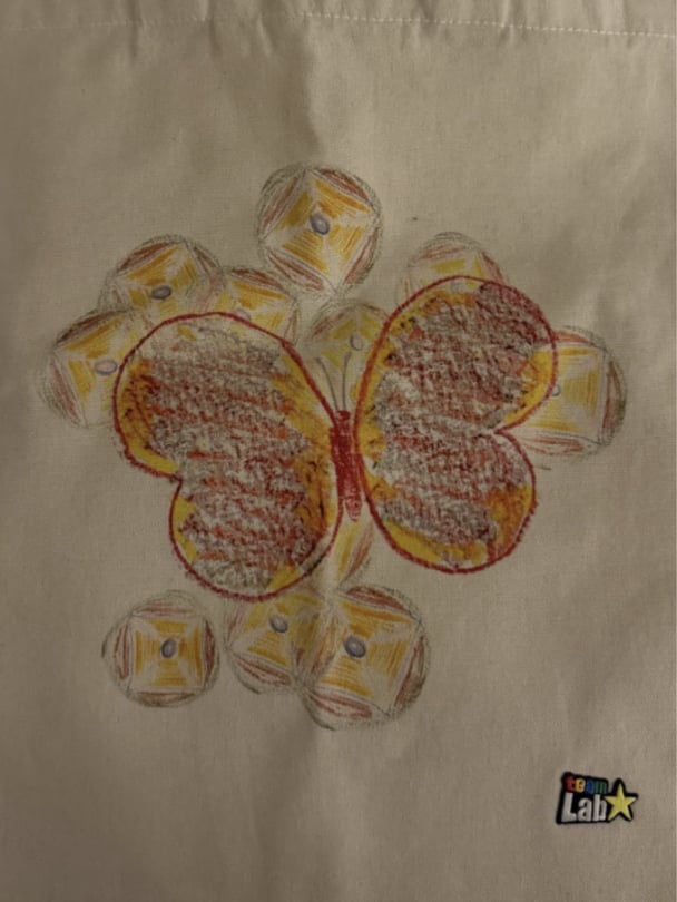 Tote bag with hand drawn butterfly printed on.
