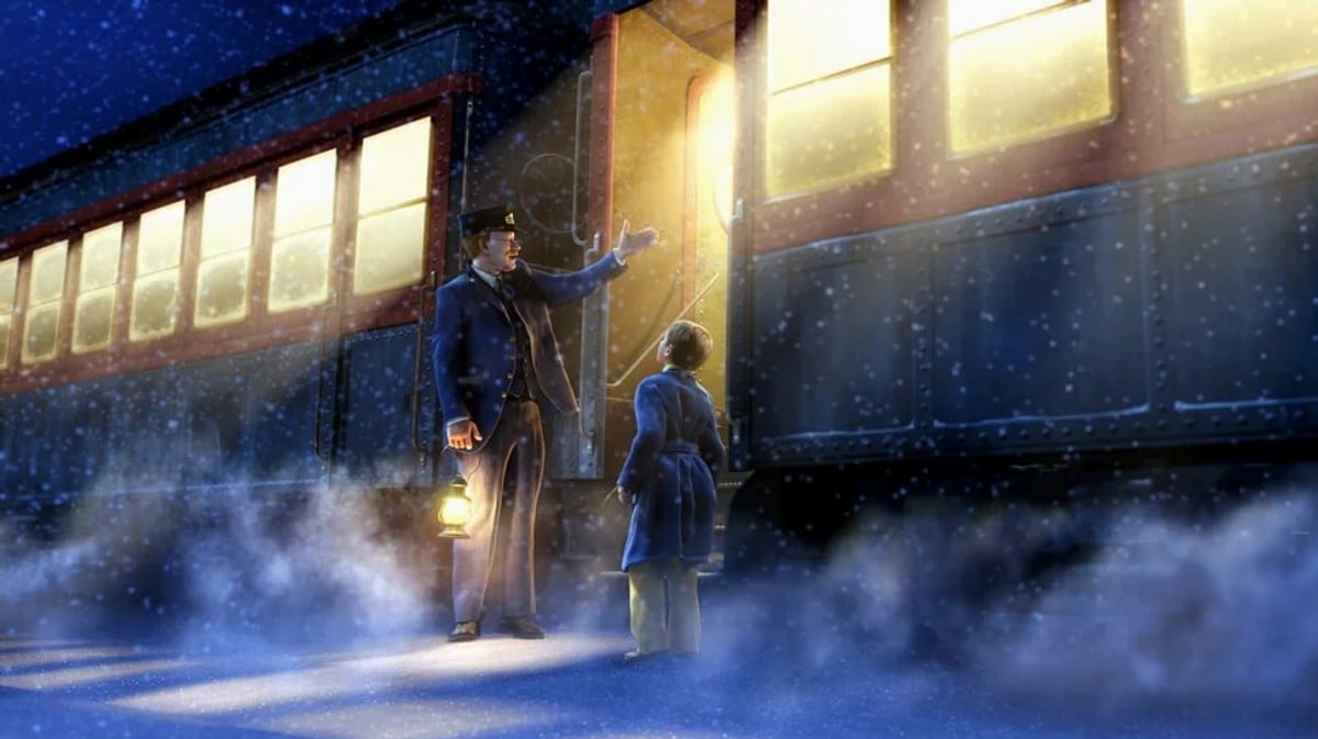 A man and a child boarding a train in The Polar Express. 