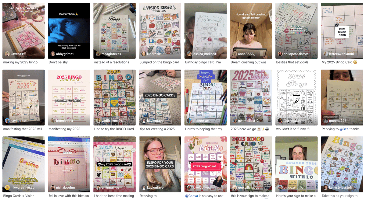 Multiple TikTok video covers on display relating to the search term 2025 bingo card.