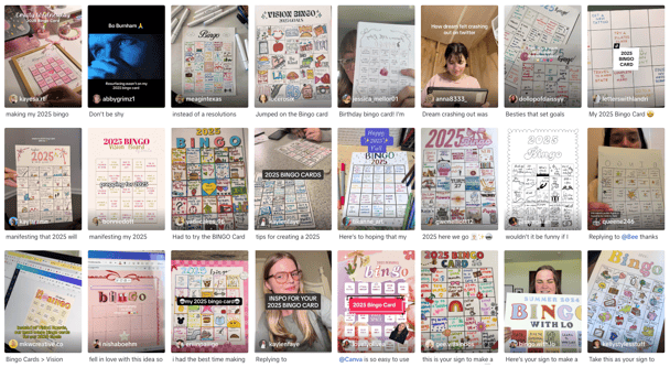 Multiple TikTok video covers on display relating to the search term 2025 bingo card.