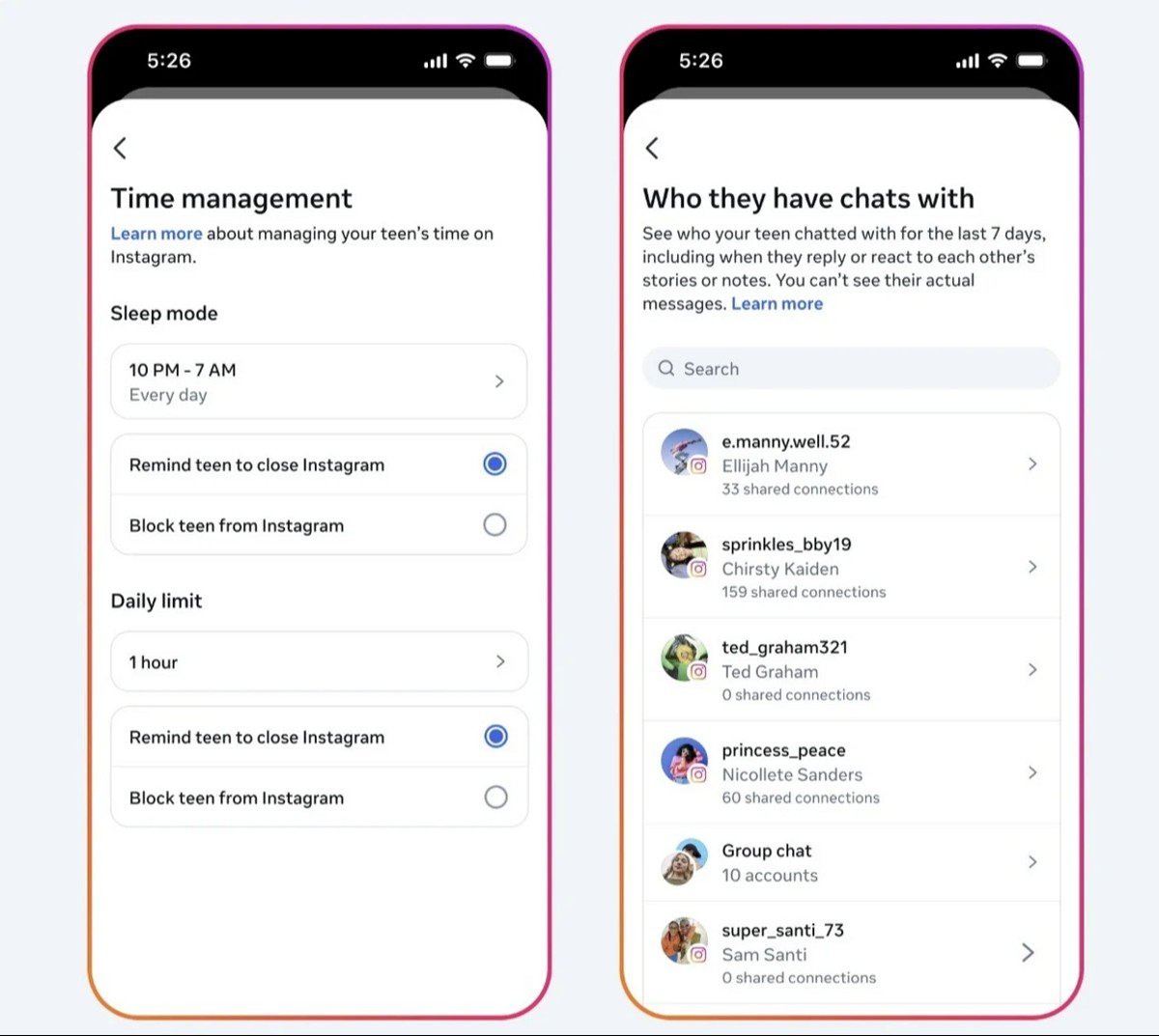 time management controls and who is chatting with teen instagram accounts 