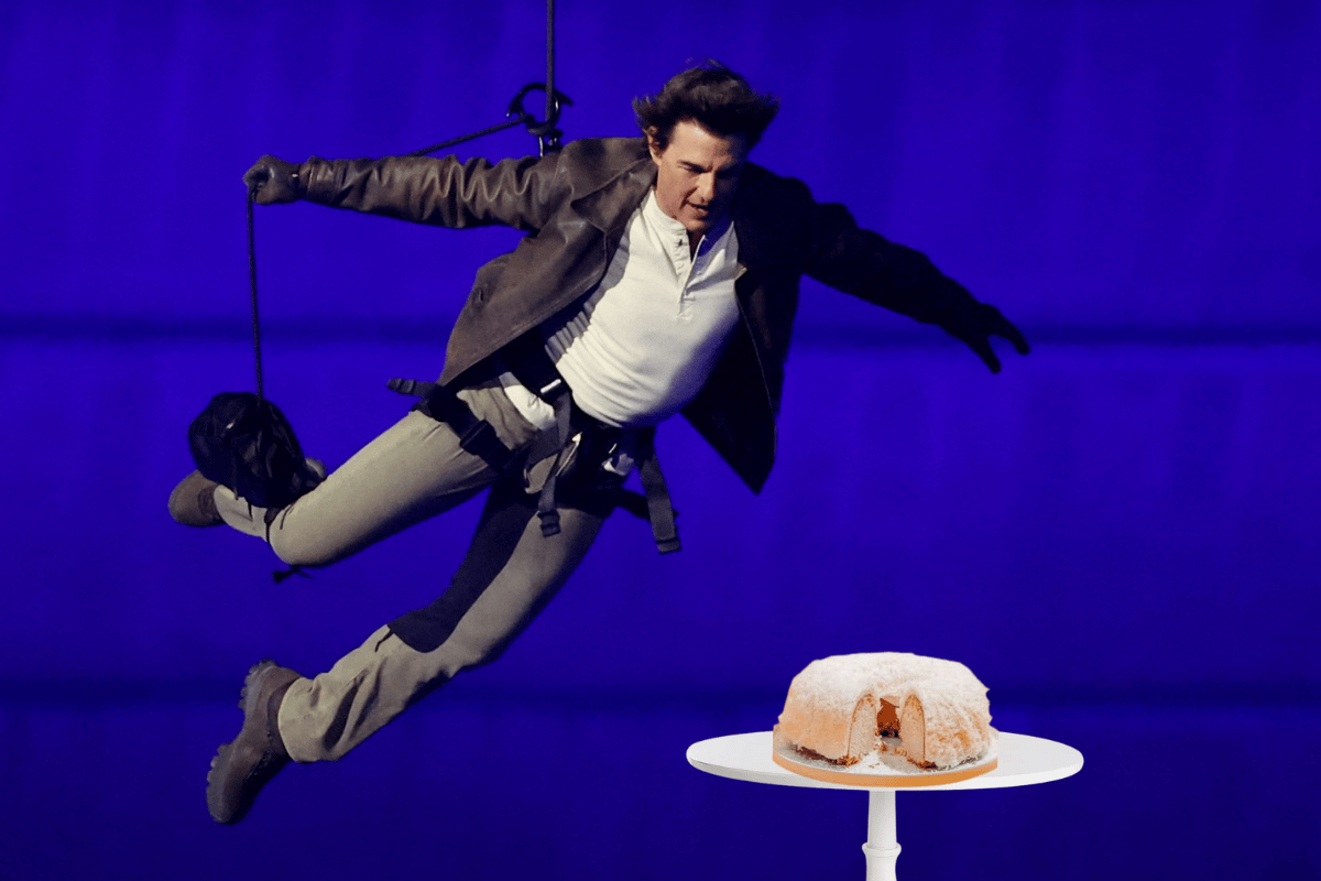 This photoshopped image shows Tom Cruise gliding from the ceiling towards a coconu cake.