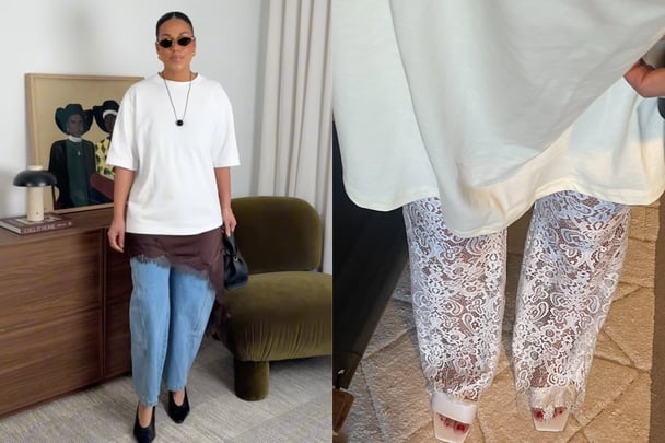 Split image. On the left, Emelia wears jeans with a white tee, and a brown lace shirt underneath. On the left is a white tee with white lace pants.