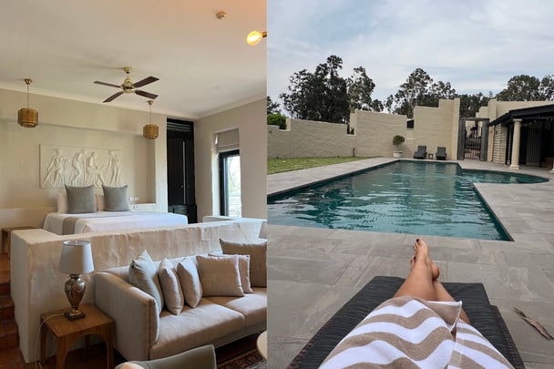On the left, bed and lounge in hotel room. On the right, Helena lies by the pool.