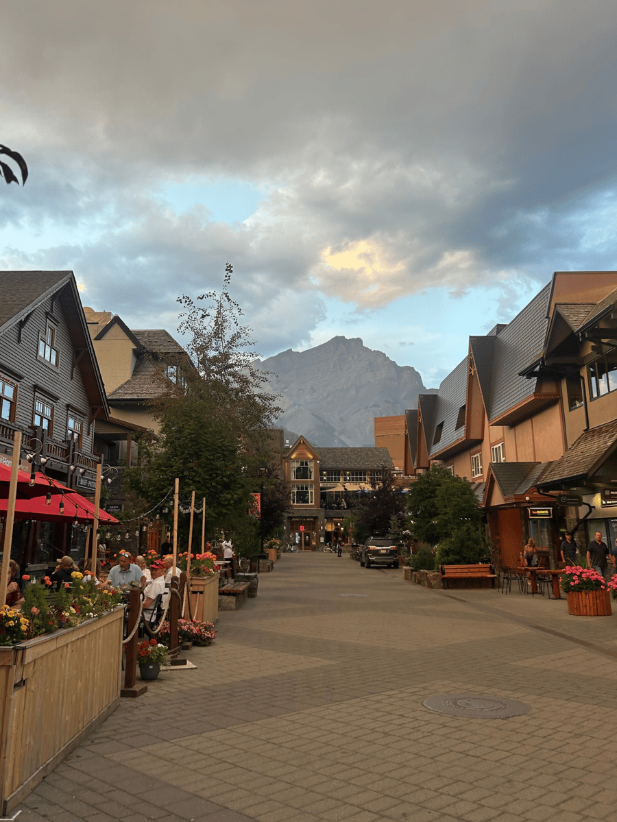 Shopfronts in the town of Banff in the evening.