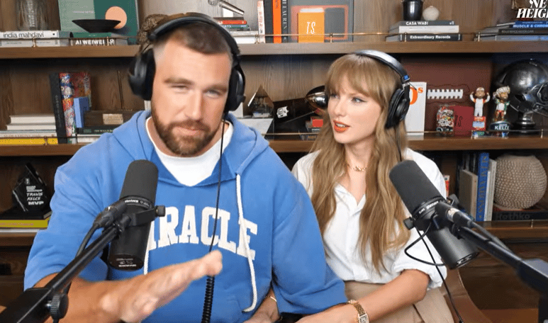 Travis Kelce and Taylor Swift on Travis' podcast, New Heights with Jason & Travis Kelce.