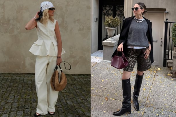 Split image. On the left, model wears full white outfit with peplum top. On the right, model wears long shorts with a t-shirt and grey jumper layered with a black coat.