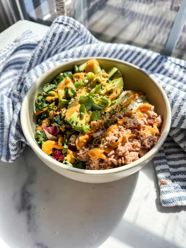 Spicy tuna and avocado poke bowl.