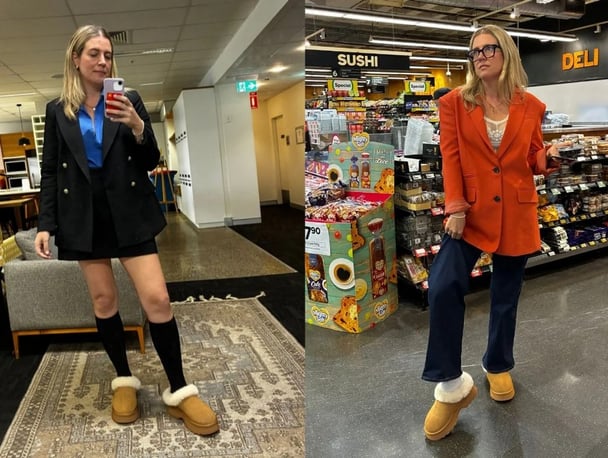 woman wearing ugg boots with skirt and blazer and wide leg jeans and blazer.