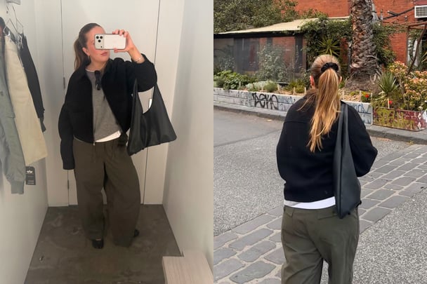 Split with mirror selfie of Lucy in Utility pants with jumper and from behind.