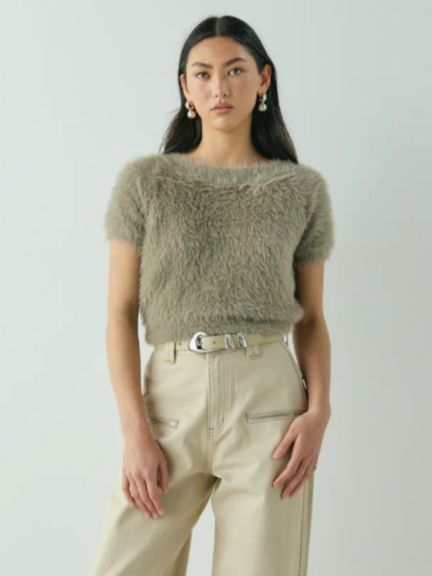 Fluffy stone coloured t-shirt. 