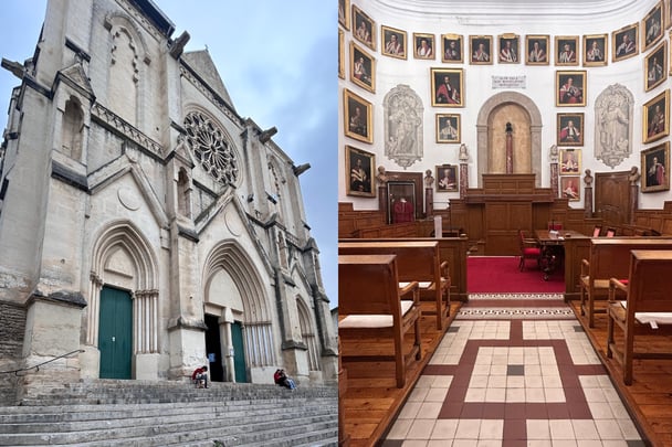 Split image of historical church and the inside. 