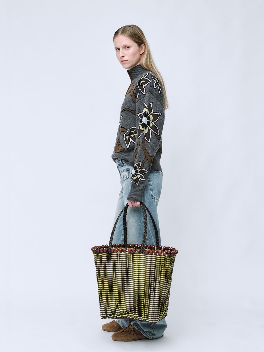 Woven Beaded Bag - Brown/Yellow.