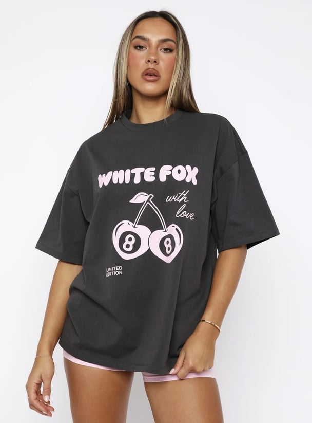woman wearing White Fox tee with cherries