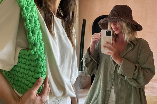 Split image, on the left Tam holds a bright green woven shoulderbag. On the right, a women takes a selfie with a brown woven wide brim hat.