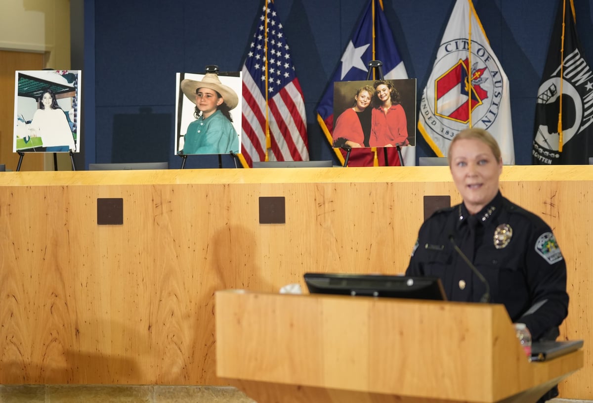 Austin Police Chief Lisa Davis speaks at a news conference at City Hall about the 1991 I Can't Believe It's Yogurt murder investigation on Monday, Sept. 29, 2025.